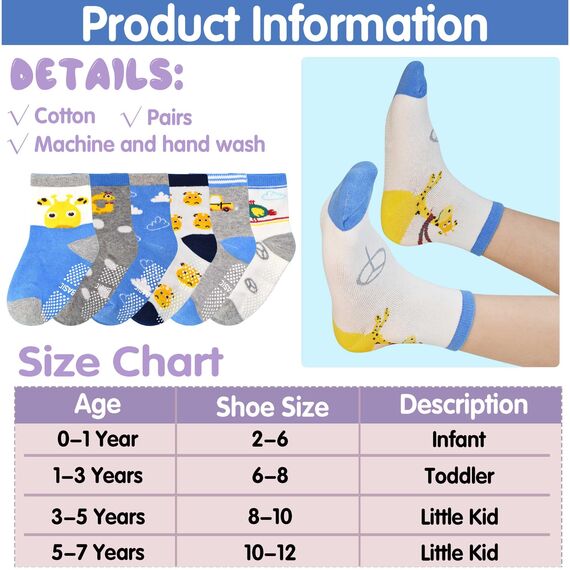 GRPSKCOS Antirutschsocken Kinder Stoppersocken Kinder 12 Paar Rutschfeste Socken ABS Socken für Jungen Mädchen（#3 Giraffen 6-12 Monate）