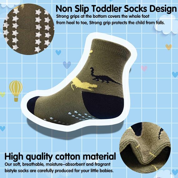 GRPSKCOS Antirutschsocken Kinder Stoppersocken Kinder 12 Paar Rutschfeste Socken ABS Socken für Jungen Mädchen（#1 Jurassisches Jahrhundert 6-12 Monate）