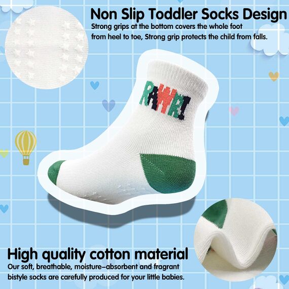 GRPSKCOS Antirutschsocken Kinder Stoppersocken Kinder 12 Paar Rutschfeste Socken ABS Socken für Jungen Mädchen（#2 Dinosaurier 1-3 Jahre）
