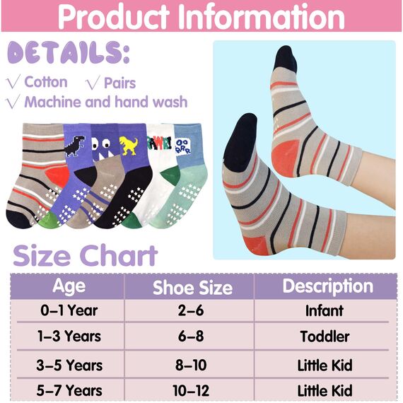 GRPSKCOS Antirutschsocken Kinder Stoppersocken Kinder 12 Paar Rutschfeste Socken ABS Socken für Jungen Mädchen（#2 Dinosaurier 3-5 Jahre）