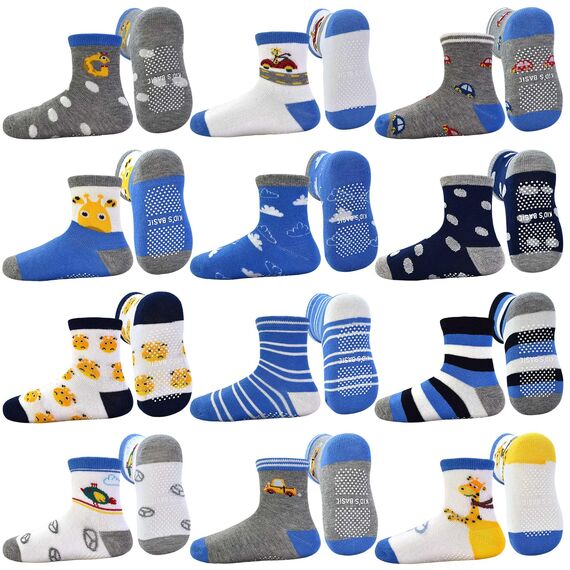 GRPSKCOS Antirutschsocken Kinder Stoppersocken Kinder 12 Paar Rutschfeste Socken ABS Socken für Jungen Mädchen（#3 Giraffen 1-3 Jahre）