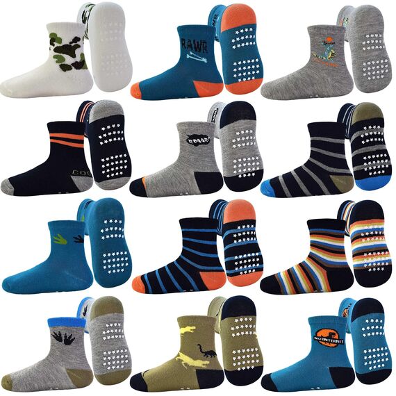 GRPSKCOS Antirutschsocken Kinder Stoppersocken Kinder 12 Paar Rutschfeste Socken ABS Socken für Jungen Mädchen（#1 Jurassisches Jahrhundert 3-5 Jahre）