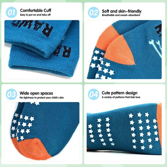 GRPSKCOS Antirutschsocken Kinder Stoppersocken Kinder 12 Paar Rutschfeste Socken ABS Socken für Jungen Mädchen（#1 Jurassisches Jahrhundert 5-7 Jahre）