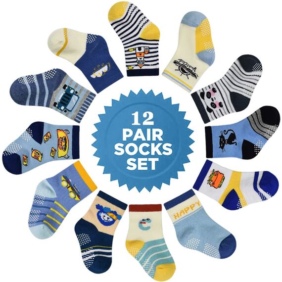 HYCLES Baby ABS Socken Kinder 12 Paar Stoppersocken Kinder Anti Rutsch Socken Kind Jungen Mädchen 23-26 27-30 Kleinkind Socken Baby 05 Monster für 1-3 Jahre