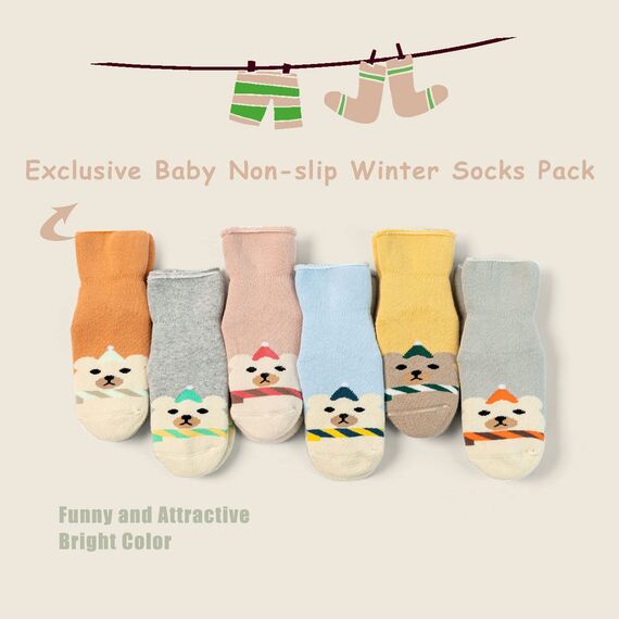 Aisyee 6 Paare Stoppersocken für Baby - Warme Wintersocken, Dicke Anti-Rutsch Socken für 0-6 und 6-12 Monate