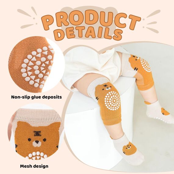 Mezrkuwr 3 Paar Baby Knieschoner und 3 Paar Baby Socken Krabbeln set, Anti Rutsch mit Gummipunkte Krabbelschoner Stulpen Knieschützer für Kleinkinder 0-12 Monate, Niedliche Cartoon-Muster