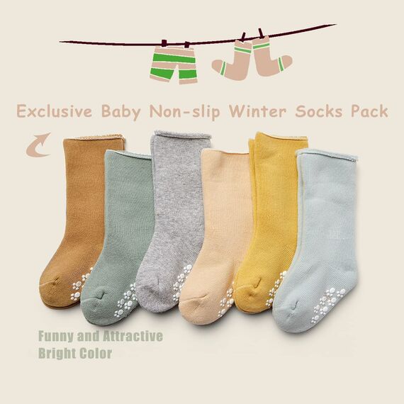 Aisyee 6 Paare Babysocken Warme Baby Jungen Dicke Wintersocken abs socken Einfarbig Socken Baby Antirutsch Socken 0-6 12 Monate