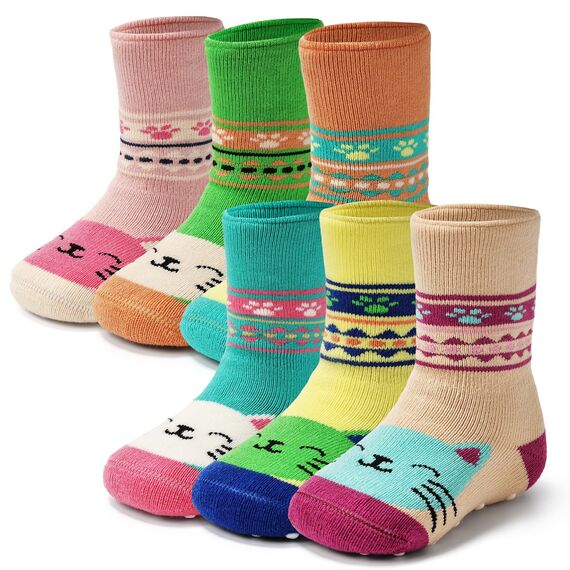 Aisyee 6 Paare Stoppersocken Baby Mädchen Warme Wintersocken Baby Dicke Anti rutsch Socken Katze 12-18 24 Monate
