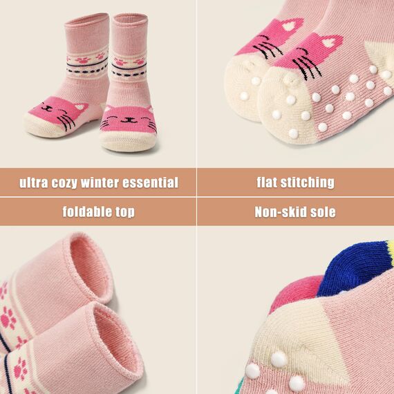 Aisyee 6 Paare Stoppersocken Baby Mädchen Warme Wintersocken Baby Dicke Anti rutsch Socken Katze 12-18 24 Monate