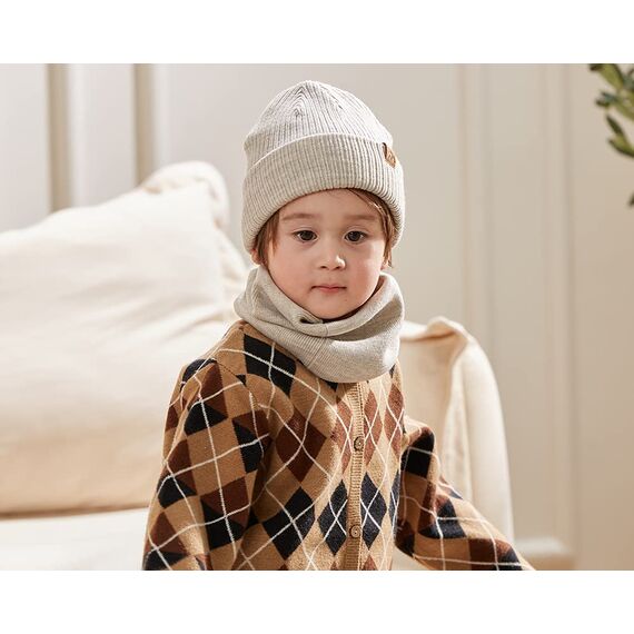 AHAHA Beanie Kinder Jungen Stricken Wintermütze Jungen Warm Mütze und Schal Kinder Beige