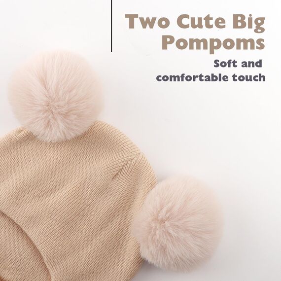 DRESHOW Kinder Wintermütze Warme Schal Schlupfmütze Strickmütze Kapuze Weiche Schalmütze mit Doppelt Bommel Pom Pom Beanie Mütze für Kleinkinder Jungen Mädchen 1-6 Jahre
