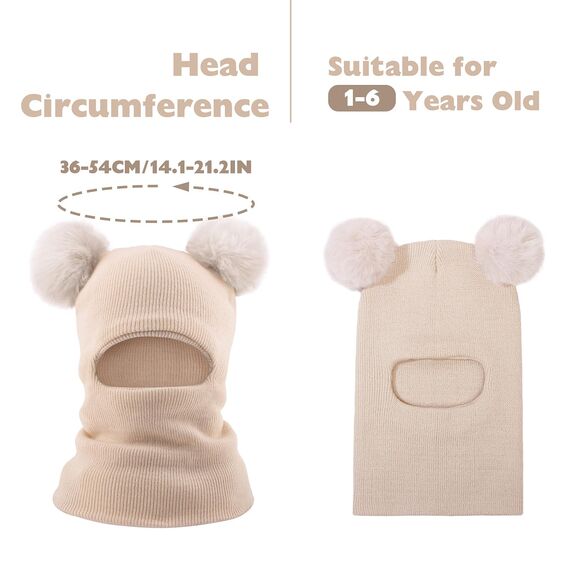 DRESHOW Kinder Wintermütze Warme Schal Schlupfmütze Strickmütze Kapuze Weiche Schalmütze mit Doppelt Bommel Pom Pom Beanie Mütze für Kleinkinder Jungen Mädchen 1-6 Jahre