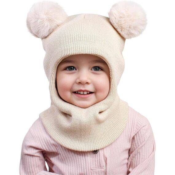 DRESHOW Kinder Wintermütze Warme Schal Schlupfmütze Strickmütze Kapuze Weiche Schalmütze mit Doppelt Bommel Pom Pom Beanie Mütze für Kleinkinder Jungen Mädchen 1-6 Jahre