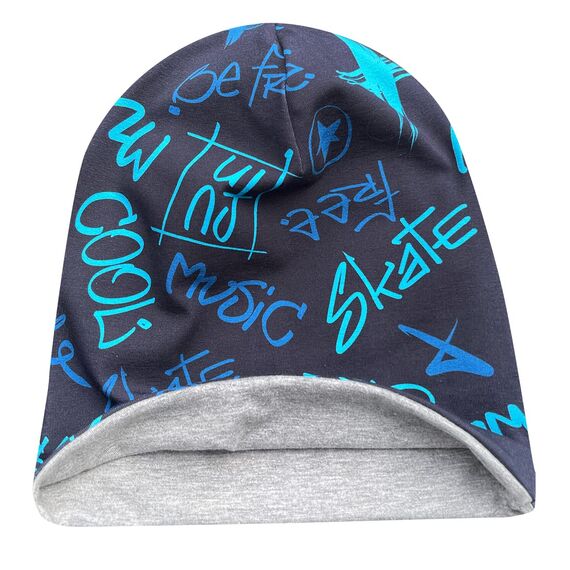 Wollhuhn Kinder Beanie – Zweilagige Longbeanie aus Jersey, wendbar & weich – innen grau – Handmade in Deutschland – ganzjährig (DE/NL/SE/PL, Numerisch, 56, 58, Cool Music Blautöne)