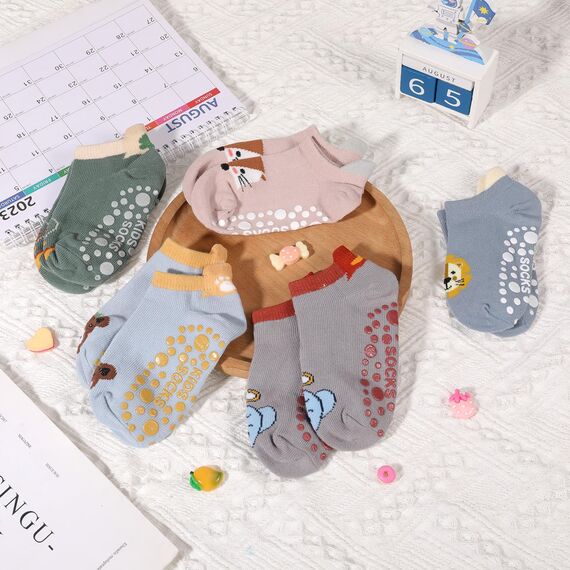 Opopark 5 Paar Grip Socken, Baby Kleinkinder Rutschfeste Socken, Stoppersocken Baby, Socken aus Baumwolle mit Tiermotiv(1-3 Jahre)