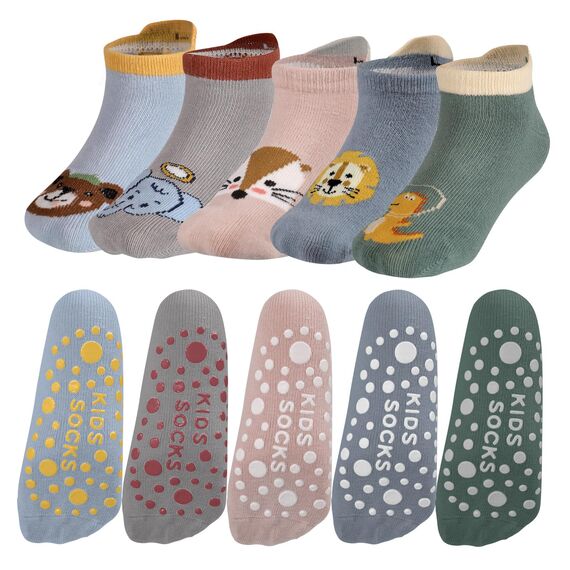 Opopark 5 Paar Grip Socken, Baby Kleinkinder Rutschfeste Socken, Stoppersocken Baby, Socken aus Baumwolle mit Tiermotiv(1-3 Jahre)