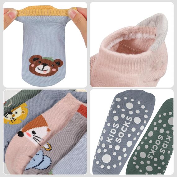 Opopark 5 Paar Grip Socken, Baby Kleinkinder Rutschfeste Socken, Stoppersocken Baby, Socken aus Baumwolle mit Tiermotiv(1-3 Jahre)