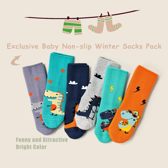 Aisyee 6 Paare Baby Wintersocken Kinder Jungen Dicke Socken Baby Kinder Warme Anti Rutsch Socken Dino 2-4 Jahre