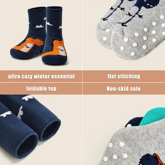 Aisyee 6 Paare Baby Wintersocken Jungen Dicke Socken Baby Kinder Warme Anti Rutsch Dino Babysocken 12-18 24 Monate