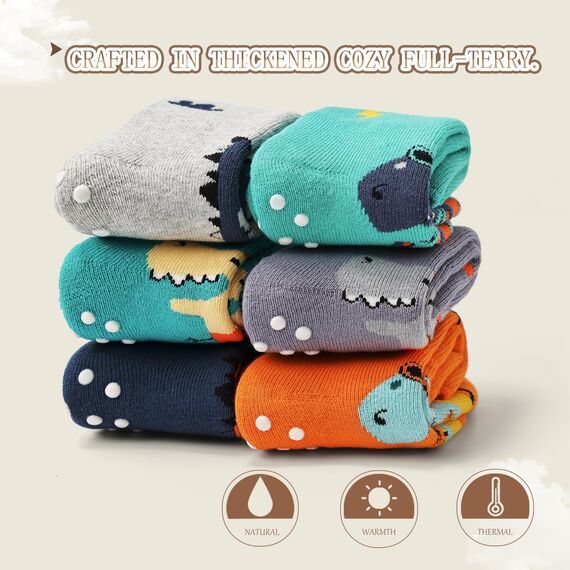Aisyee 6 Paare Baby Wintersocken Jungen Dicke Socken Baby Kinder Warme Anti Rutsch Dino Babysocken 12-18 24 Monate