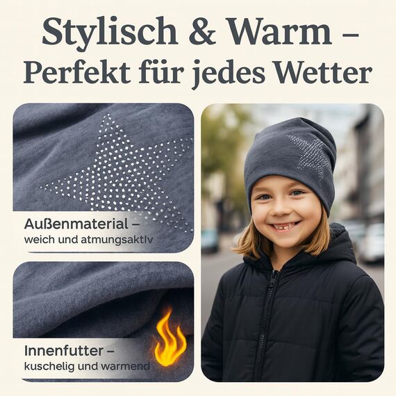 Miobo Slouch Beanie Mütze für Kinder und Erwachsene – Weiche Baumwolle – Strass-Stern-Design