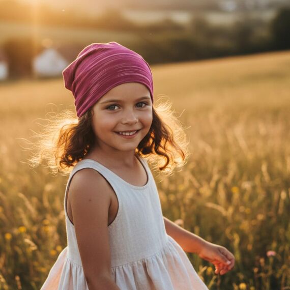 Wollhuhn Kinder Beanie – Zweilagige Longbeanie aus Jersey, wendbar & weich – innen grau – Handmade in Deutschland – ganzjährig (DE/NL/SE/PL, Numerisch, 48, 50, Lines Beere)