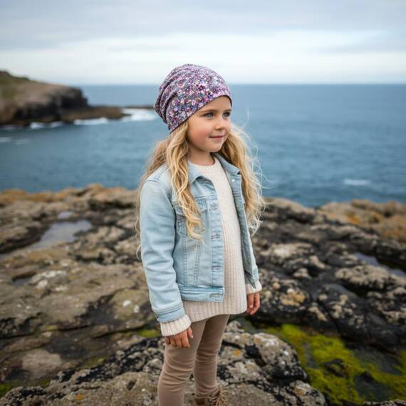 Wollhuhn Kinder Beanie – Zweilagige Longbeanie aus Jersey, wendbar & weich – innen grau – Handmade in Deutschland – ganzjährig (DE/NL/SE/PL, Numerisch, 48, 50, Blümchen Dark/Pastell)