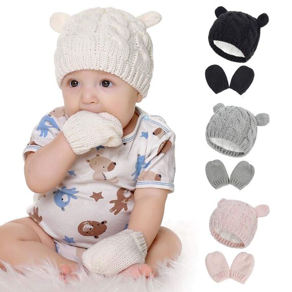 Yixda Neugeborene Baby Mütze und Handschuhe Set Kleinkind Winter Strickmütze Hüte (Rosa 2, 3-6 Monate)