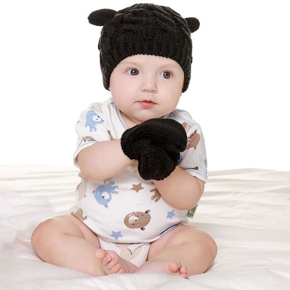 Yixda Neugeborene Baby Mütze und Handschuhe Set Kleinkind Winter Strickmütze Hüte (Schwarz 2, 6-18 Monate)