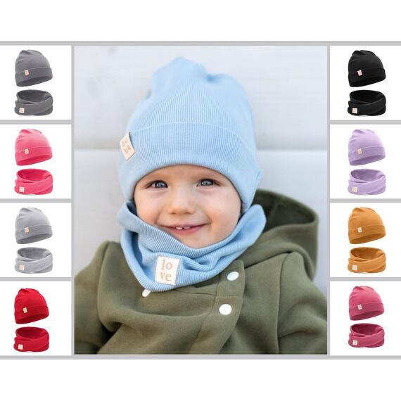 Bubalove Mützen und Schalset für Jungen, Mädchen, Baby, Größen 0mc bis 12 Jahre+ viele Farben, Frühlings-, Herbstsets, Baumwollmützen, handgenäht