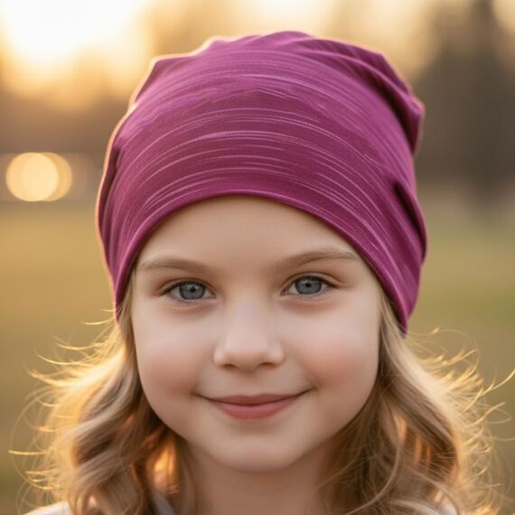 Wollhuhn Kinder Beanie – Zweilagige Longbeanie aus Jersey, wendbar & weich – innen grau – Handmade in Deutschland – ganzjährig (DE/NL/SE/PL, Numerisch, 48, 50, Lines Beere)