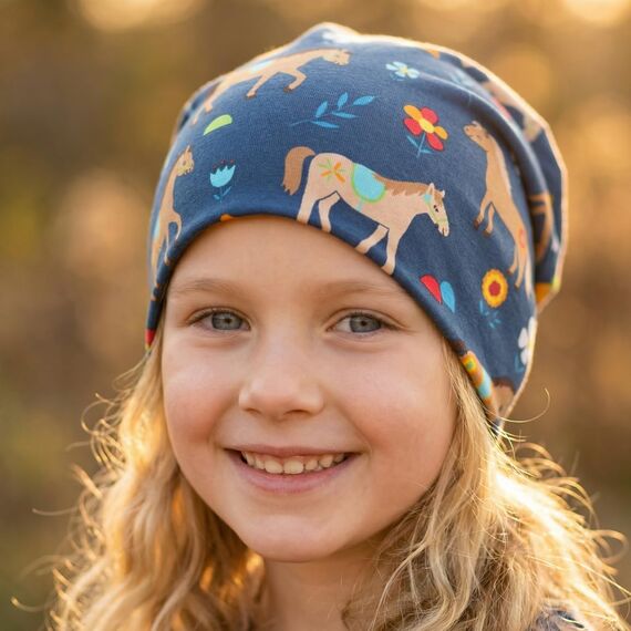 Wollhuhn Kinder Beanie – Zweilagige Longbeanie aus Jersey, wendbar & weich – innen grau – Handmade in Deutschland – ganzjährig (DE/NL/SE/PL, Numerisch, 48, 50, Pony/Pferde Blau)