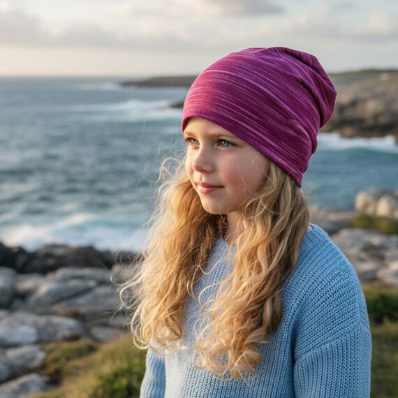 Wollhuhn Kinder Beanie – Zweilagige Longbeanie aus Jersey, wendbar & weich – innen grau – Handmade in Deutschland – ganzjährig (DE/NL/SE/PL, Numerisch, 48, 50, Lines Beere)