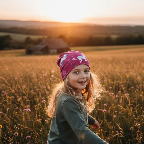 Wollhuhn Kinder Beanie – Zweilagige Longbeanie aus Jersey, wendbar & weich – innen grau – Handmade in Deutschland – ganzjährig (DE/NL/SE/PL, Numerisch, 48, 50, Einhörner Beere)