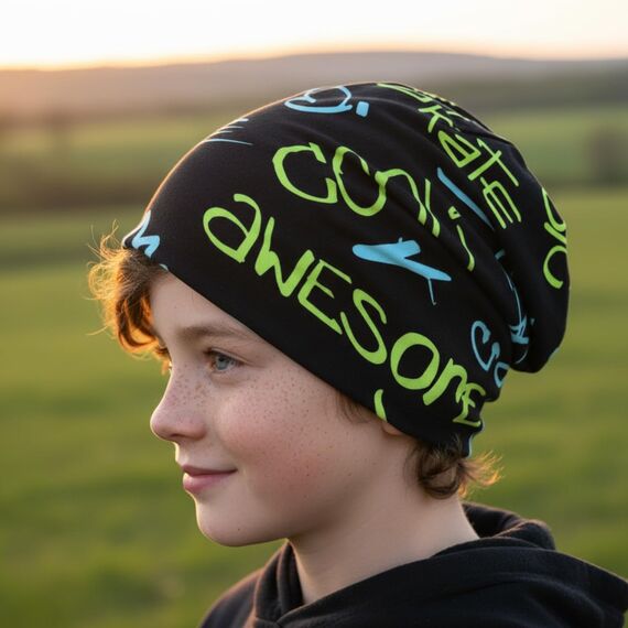 Wollhuhn Kinder Beanie – Zweilagige Longbeanie aus Jersey, wendbar & weich – innen grau – Handmade in Deutschland – ganzjährig (DE/NL/SE/PL, Numerisch, 48, 50, COOL Music schwarz/blau/grün)