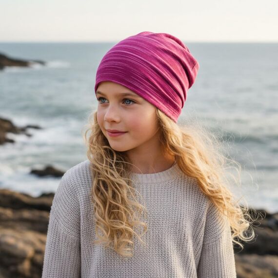 Wollhuhn Kinder Beanie – Zweilagige Longbeanie aus Jersey, wendbar & weich – innen grau – Handmade in Deutschland – ganzjährig (DE/NL/SE/PL, Numerisch, 48, 50, Lines Beere)