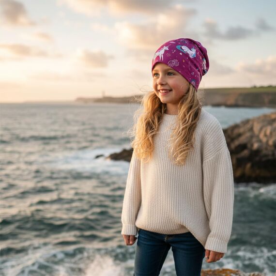 Wollhuhn Kinder Beanie – Zweilagige Longbeanie aus Jersey, wendbar & weich – innen grau – Handmade in Deutschland – ganzjährig (DE/NL/SE/PL, Numerisch, 48, 50, Einhörner Beere)