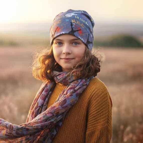 Wollhuhn Kinder Beanie – Zweilagige Longbeanie aus Jersey, wendbar & weich – innen grau – Handmade in Deutschland – ganzjährig (DE/NL/SE/PL, Numerisch, 48, 50, Cool Stuff Jeansblau/Bunt)