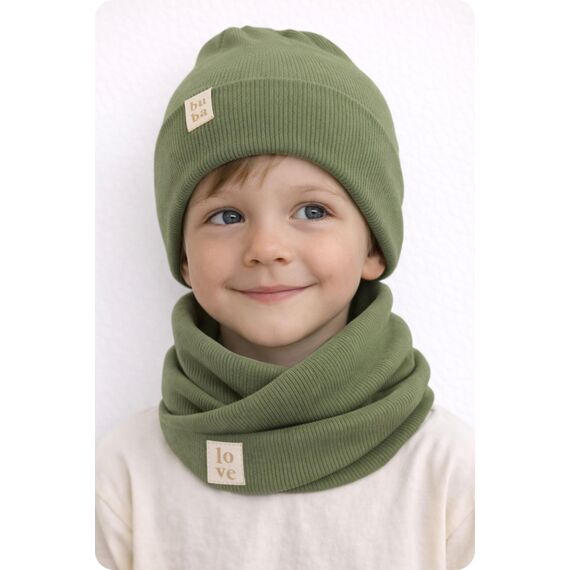 Bubalove Mützen und Schalset für Jungen, Mädchen, Baby, Größen 0mc bis 12 Jahre+ viele Farben, Frühlings-, Herbstsets, Baumwollmützen, handgenäht (52-56, Oliv)