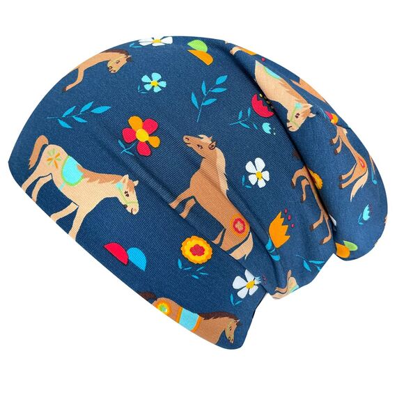 Wollhuhn Kinder Beanie – Zweilagige Longbeanie aus Jersey, wendbar & weich – innen grau – Handmade in Deutschland – ganzjährig (DE/NL/SE/PL, Numerisch, 48, 50, Pony/Pferde Blau)