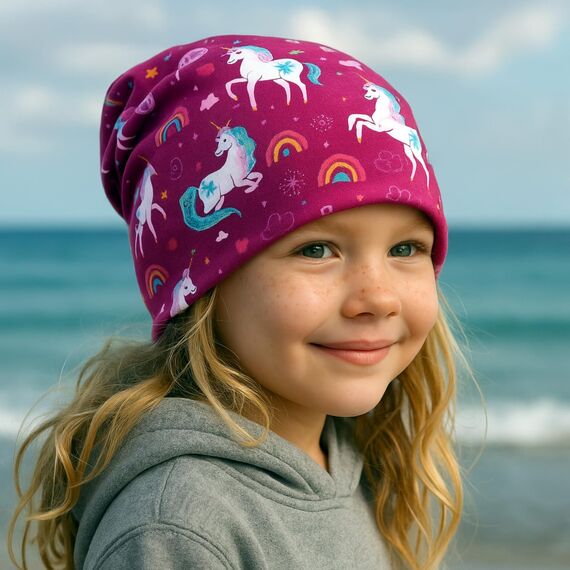 Wollhuhn Kinder Beanie – Zweilagige Longbeanie aus Jersey, wendbar & weich – innen grau – Handmade in Deutschland – ganzjährig (DE/NL/SE/PL, Numerisch, 48, 50, Einhörner Beere)