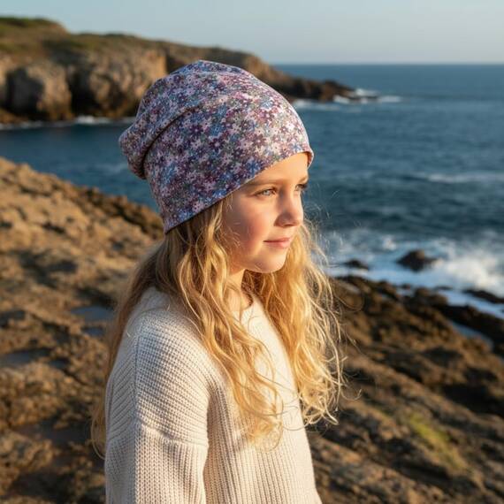 Wollhuhn Kinder Beanie – Zweilagige Longbeanie aus Jersey, wendbar & weich – innen grau – Handmade in Deutschland – ganzjährig (DE/NL/SE/PL, Numerisch, 48, 50, Blümchen Dark/Pastell)