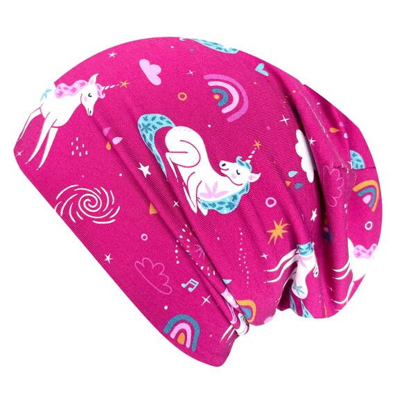 Wollhuhn Kinder Beanie – Zweilagige Longbeanie aus Jersey, wendbar & weich – innen grau – Handmade in Deutschland – ganzjährig (DE/NL/SE/PL, Numerisch, 48, 50, Einhörner Beere)