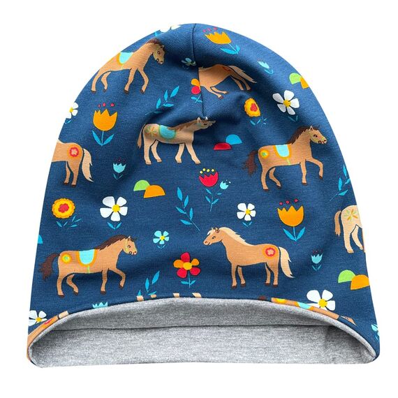 Wollhuhn Kinder Beanie – Zweilagige Longbeanie aus Jersey, wendbar & weich – innen grau – Handmade in Deutschland – ganzjährig (DE/NL/SE/PL, Numerisch, 48, 50, Pony/Pferde Blau)