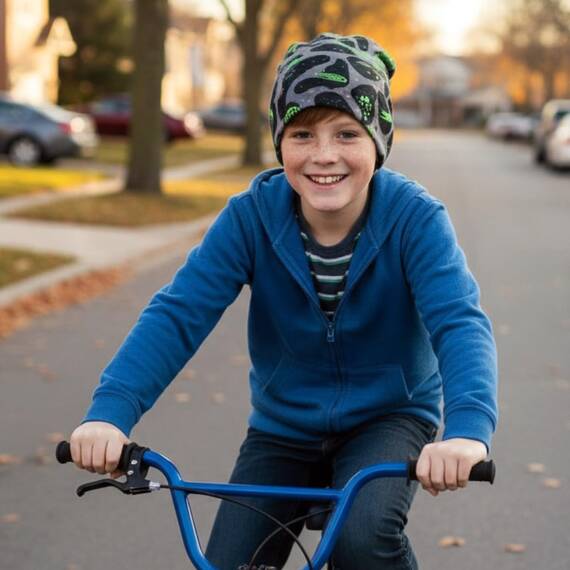 Wollhuhn Kinder Beanie – Zweilagige Longbeanie aus Jersey, wendbar & weich – innen grau – Handmade in Deutschland – ganzjährig (DE/NL/SE/PL, Numerisch, 48, 50, Space Neon Grün)