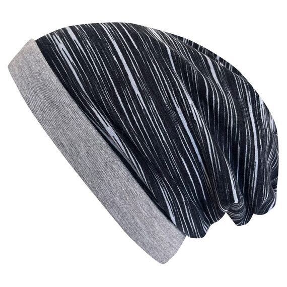 Wollhuhn ÖKO Wärmere Mädchen/Jungen Lässige Lines Long-Beanie/Wende-Mütze Ganzjährig (aus Öko-Stoffen, Bio) 20022002 (Lines schwarz/grau, XS)