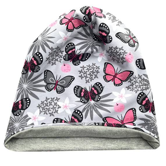 Wollhuhn Kinder Beanie – Zweilagige Longbeanie aus Jersey, wendbar & weich – mit Grauer Innenseite – Handmade in Deutschland – ganzjährig tragbar (Schmetterlinge Grau, S)