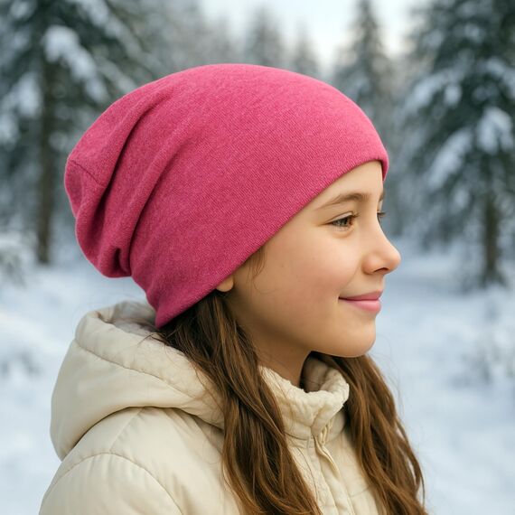 Wollhuhn Kinder Beanie – Zweilagige Longbeanie aus Jersey, wendbar & weich – innen grau – Handmade in Deutschland – ganzjährig (DE/NL/SE/PL, Numerisch, 48, 50, Einfarbig Beere)