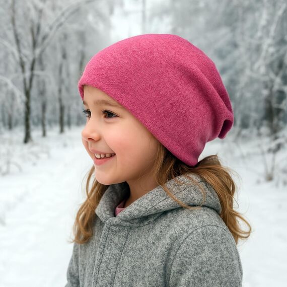 Wollhuhn Kinder Beanie – Zweilagige Longbeanie aus Jersey, wendbar & weich – innen grau – Handmade in Deutschland – ganzjährig (DE/NL/SE/PL, Numerisch, 48, 50, Einfarbig Beere)