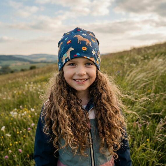 Wollhuhn Kinder Beanie – Zweilagige Longbeanie aus Jersey, wendbar & weich – innen grau – Handmade in Deutschland – ganzjährig (DE/NL/SE/PL, Numerisch, 48, 50, Pony/Pferde Blau)